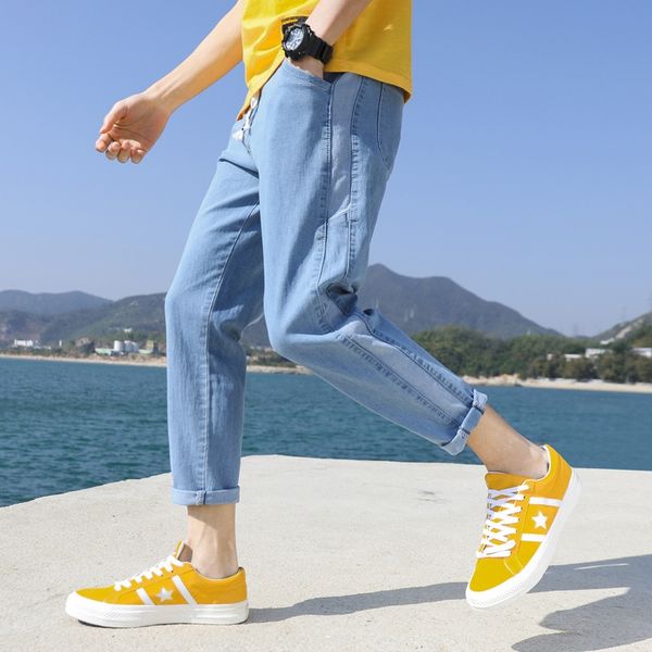 

jeans man 2020 summer summer men fashionable capris and straight pants fo thin fashion brand korean men's trend casual light color capr, Blue