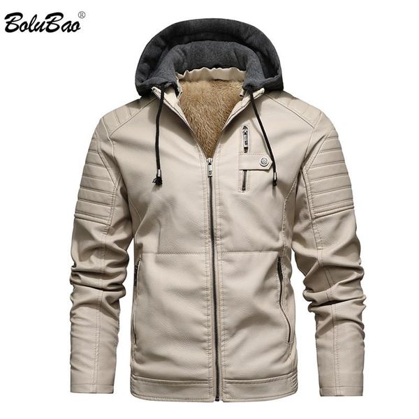 

bolubao brand men hooded leather jacket men's fashion pu leather jackets winter new plus velvet warm jacket male, Black