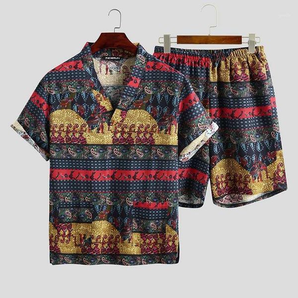 

2020 summer men printed pajamas sets loose short sleeve v neck leisure shorts cotton sleepwear kimono suits s-5xl1, Black;brown