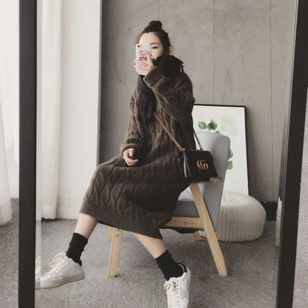 

materni autumn winter 2020 new fashion knitted sweater long over the knee loose women's drs, White