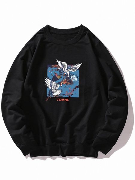 

romwe guys crane graphic sweatshirt i012#, Black