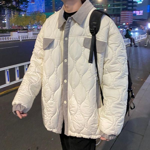 

windproof corduroy contrast coats men winter thicken warmth lapel fixed routing loose cotton-padded single-breasted jacket, Black