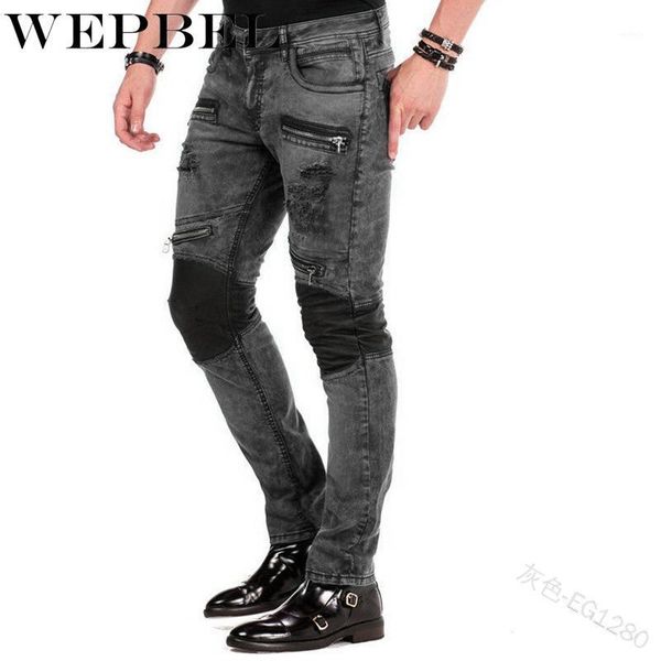 

wepbel multi zipper pockets patchwork rock roll jeans ripped hose denim long pants punk vintage men skinny denim pants1, Blue