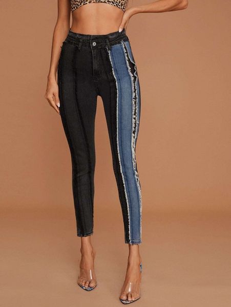 

high waist high stretch raw trim jeans t2v5#, Blue