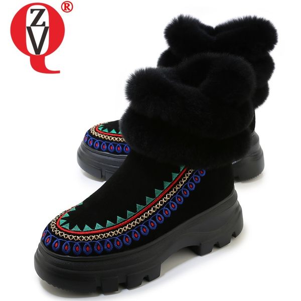 

zvq winter new fashion snow boots outside comfortable round toe cow suede embroider zip women shoes drop shipping size 34-39, Black