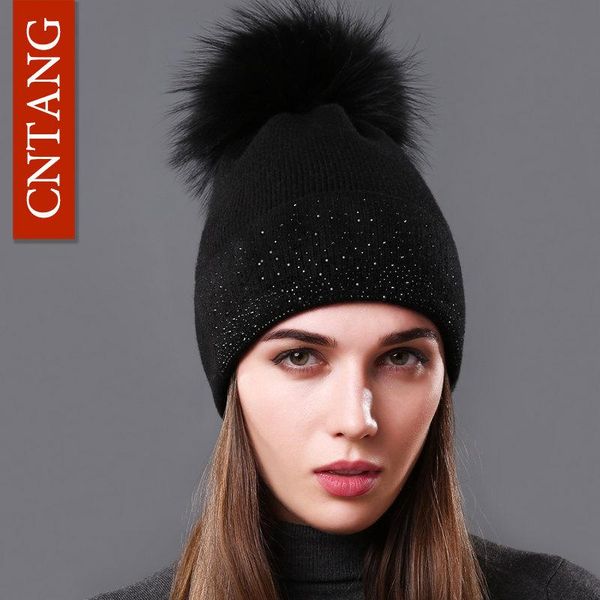 

cntang winter fashion women hats 100% raccoon fur beanie female warm pompom cap decorated with diamond caps autumn knitted hat, Blue;gray