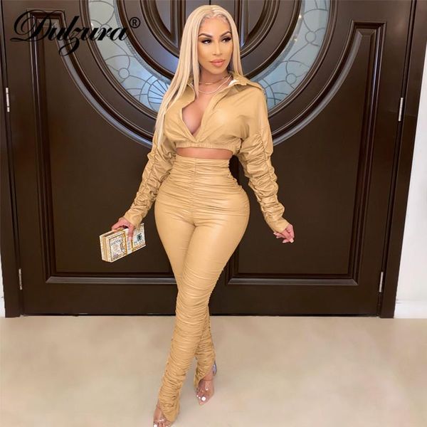 

dulzura pu fake leather women 2 piece set long sleeve crop v neck high waist stacked pants slit bodycon streetwear club, Gray