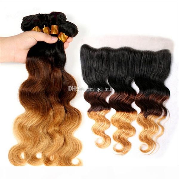

honey blonde #1b 4 27 hair bundles with lace frontal 13x4 ear to ear lace frontal with body wave 3 tone hair extensions, Black