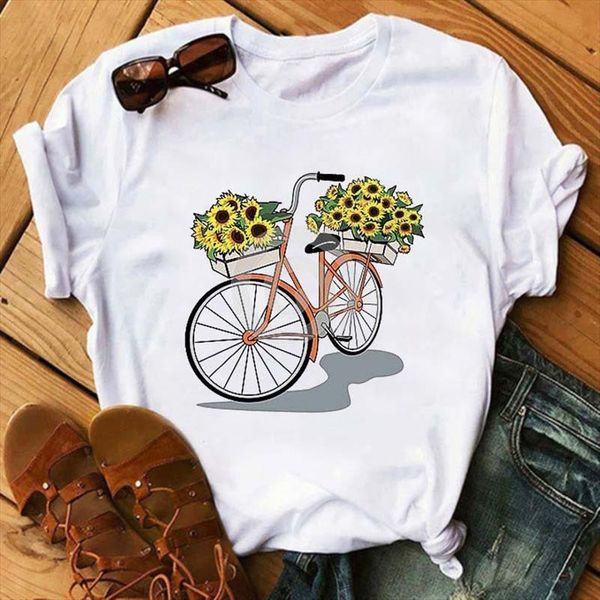 

bike sunflower print t shirt women short sleeve o neck loose tshirt women tee shirt female clothes camisetas mujer, White