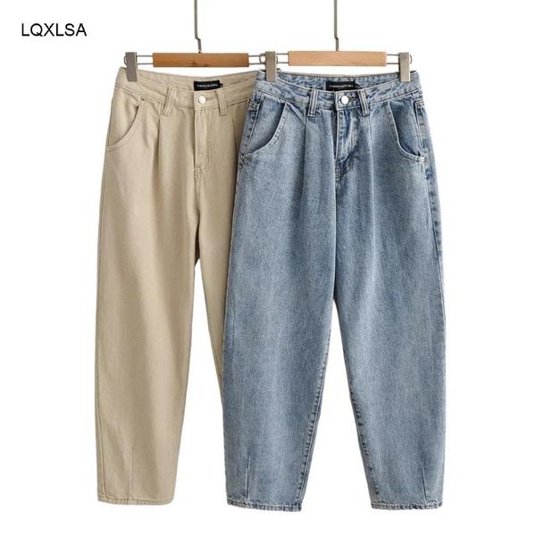 

khaki female cargo pants high waist harem loose jeans plus size trousers woman casual streetwear mom jeans, Blue