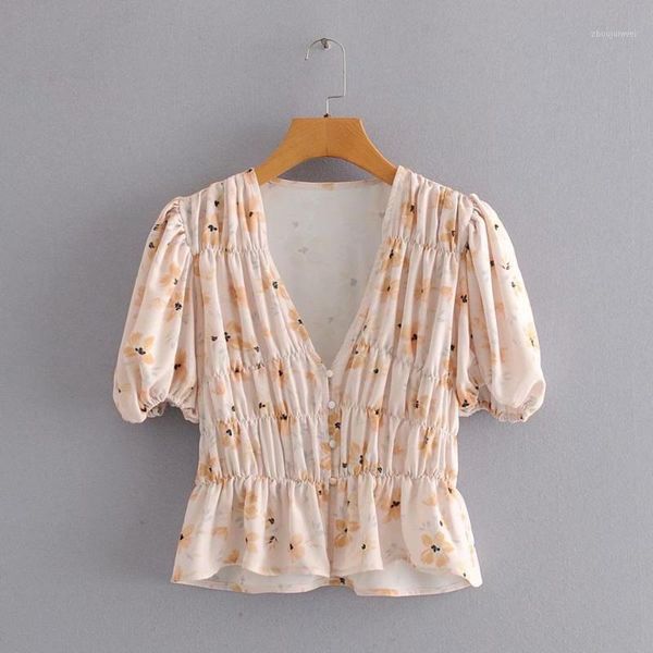 

new women fashion v neck floral print casual slim smock shirts blouses women lantern sleeve roupas femininas pleats ls64181, White