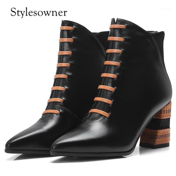 

boots stylesowner england style look beauty shallow short pointed toe cow leather with back zipper high heels ankle woman1, Black