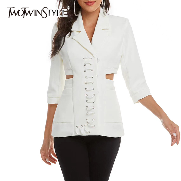 

twotwinstyle hollow out black blazer for women notched half sleeve high waist vintage coat female 2020 summer fashion new style, White;black
