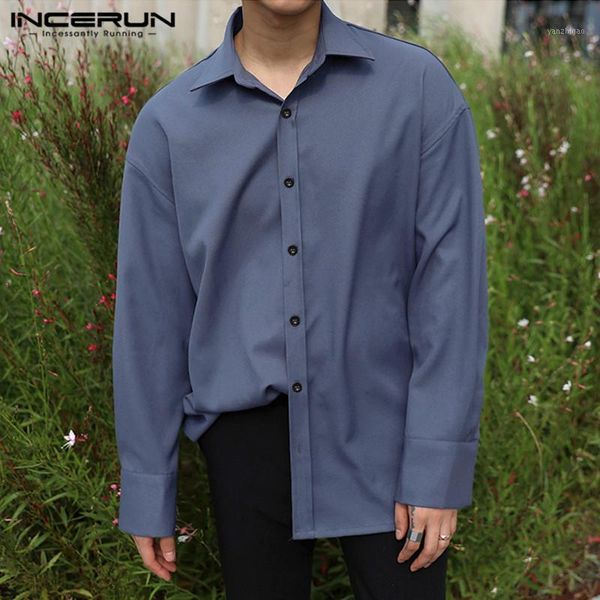 

incerun turn down collar dress shirts men shirts long sleeve solid color blouse man spring loose button camisa streetwear s-5xl1, White;black