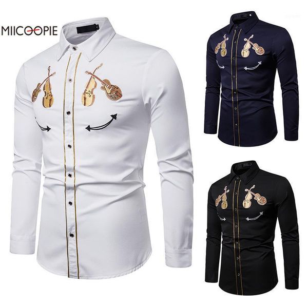 

violin embroidery long sleeve shirt printed shirt slim fit male social business dress brand men clothing soft comfortable1, White;black
