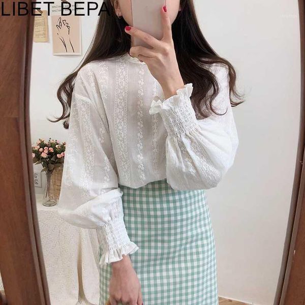 

new 2020 spring summer women's blouse casual fashionable shirt embroidery elegant lantern sleeve lace up sweet lady bl19031, White
