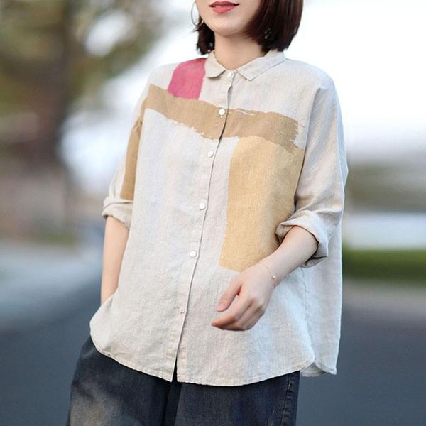 

johnature loose leisure retro patchwork turn-down collar long sleeve shirt 2021 autumn new cotton linen comfortable women, White