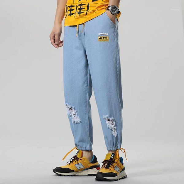 

dropshipping spring summer loose jogger jeans for men casual elastic ankle banded pants youth boy ripped straight denim trousers1, Blue
