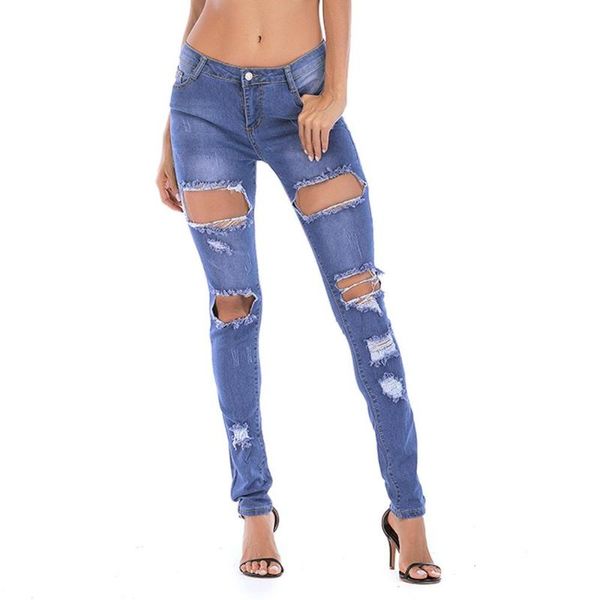 

women's jeans women denim pants solid button ripped zipper pocket trousers holes casual vaqueros mujer #2s24#n, Blue