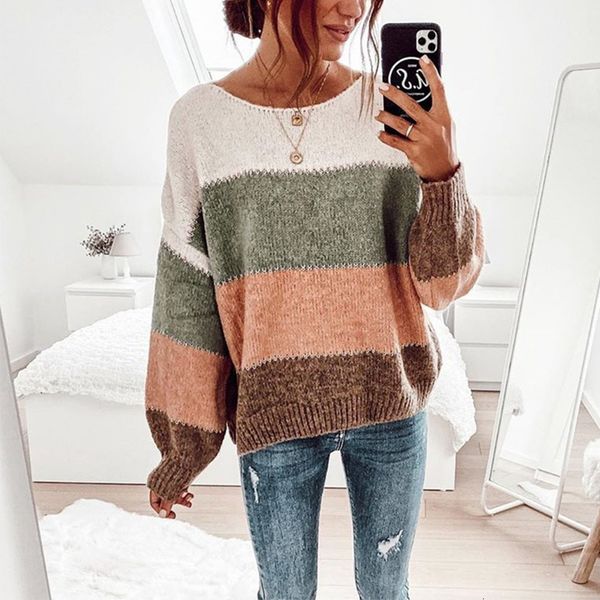

2021 new women's autumn striped knitted sweaters winter casual loose long sleeve pullover round neck office ladies sweater jumpers o6i, White;black