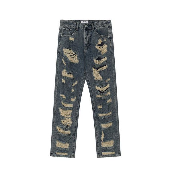 

men's jeans high street hip hop wind broken hole cat beard straight tube loose casual jeans, Blue