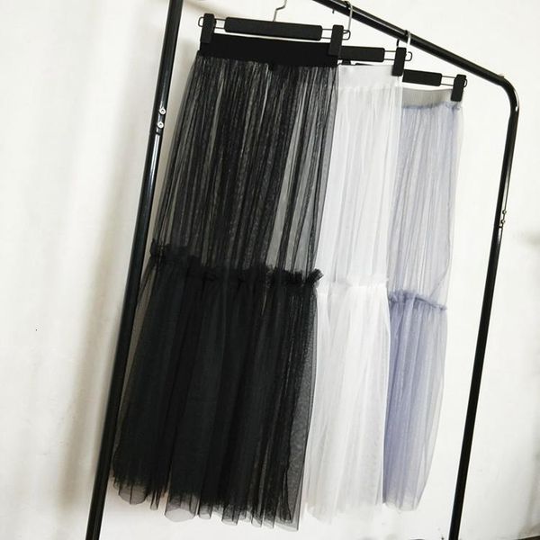 

spring women mesh lace long skirt summer casual elegant vintage transparent tulle high waist underskirt black skirt d184