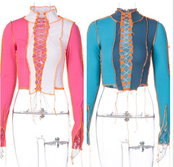 

2021 bodycon women shirt autumn out slim fashion new winter lady sleeve strap t t-shirt contrast crop long hollow color dfnmo, Black