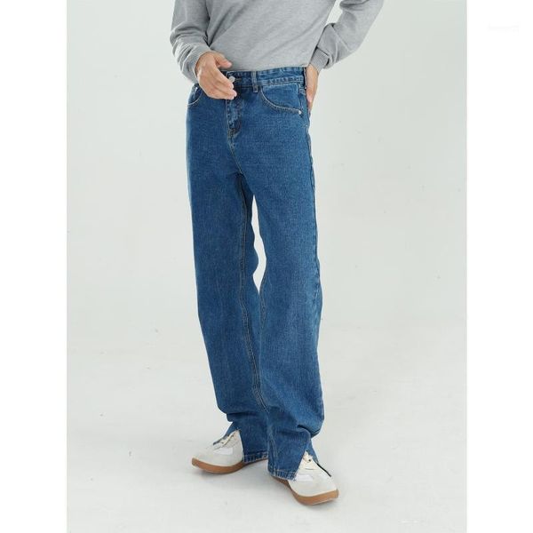 

men vintage slit hem loose casual basic style straight jeans trousers male women couple streetwear hip hop denim pant1, Blue