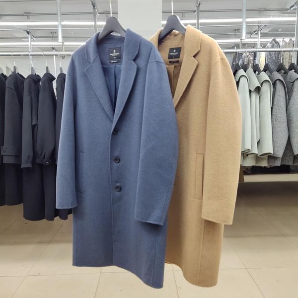 

2020 autumn/winter in korea single long single-breasted male fashion men's double cashmere coat stitched wool coat1, Black