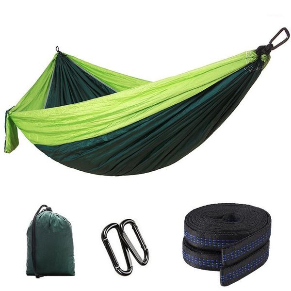 Çift Kamp Hammock Hafif Naylon Paraşüt Kumaş Taşınabilir Cot Yatak Asma Yatak Avı Uyku Salıncak 2 Ağaç Straps1
