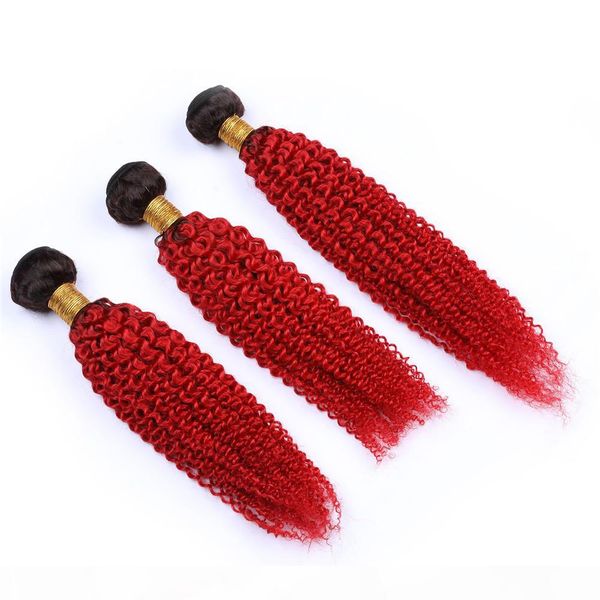 

# 1b красный ombre kinky вьющиеся вьющиеся индийские девственные волосы weaves 3pcs черный до ярко-красных ombre волос для волос человечески, Black