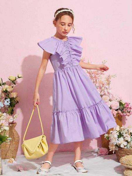 

girls frilled ruffle trim dress she, Red;yellow