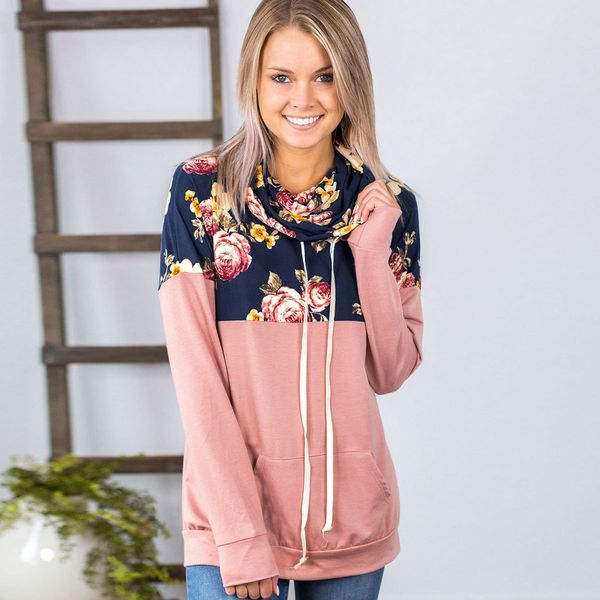 

autumn and winter new european and american womens clothing eaby popular heaps collar printed drawstring sweatshirt, Black