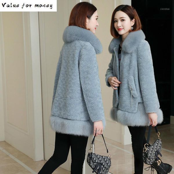 

fur real coat female winter natural fur collar jacket women korean 100% sheep shearing coats wool jackets dnls190781, Black