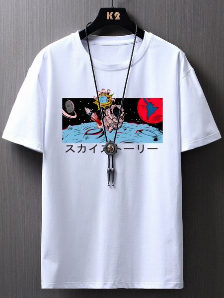 

men japanese letter and astronaut print tee j4bu#, White;black