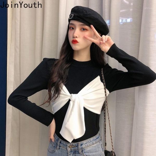 

joinyouth contrast color bow knitted pullovers 2020 fall clothes sweaters for women new arrival chic slim fit jumper femme1, White;black