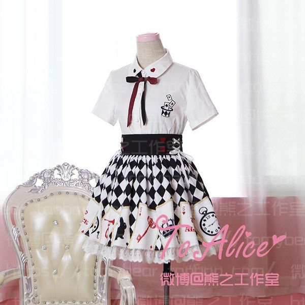 

shoujou god of gamblers kawaii girls summer 2pcs set: short sleeve blouse shirt + suspender poker print skirt lolita cute1, White