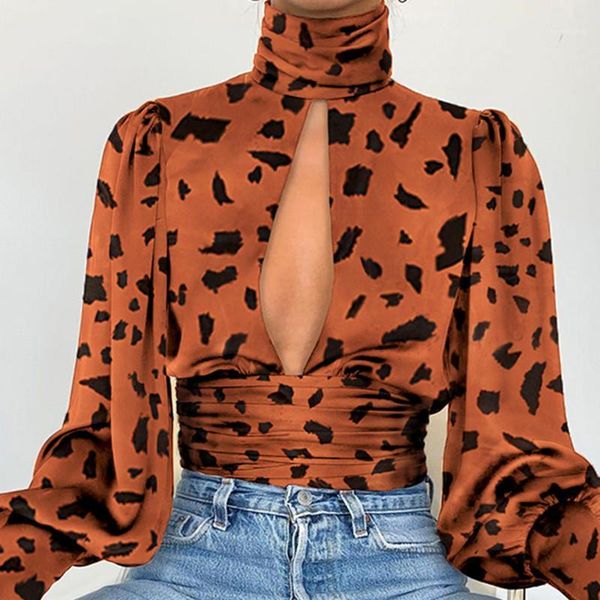 

women's blouses & shirts leopard turtleneck satin silk women blouse hollow out backless shirt elegant autumn long sleeve pleated bl, White
