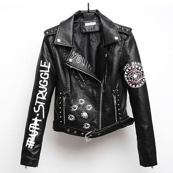 

women printed letters pu leather jacket biker moto black faux jacket female pattern black rivet hip hop short zipper coat py21