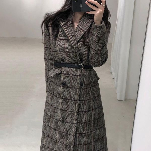 

women's wool & blends [ewq] 2021 winter over knee turn-down collar long-sleeved panelled plaid straight minimalist woolen overcoat with, Black