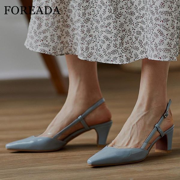 

dress shoes foreada woman pumps real leather slingbacks transparent high heels buckle thick heel pointed toe ladies footwear 391, Black