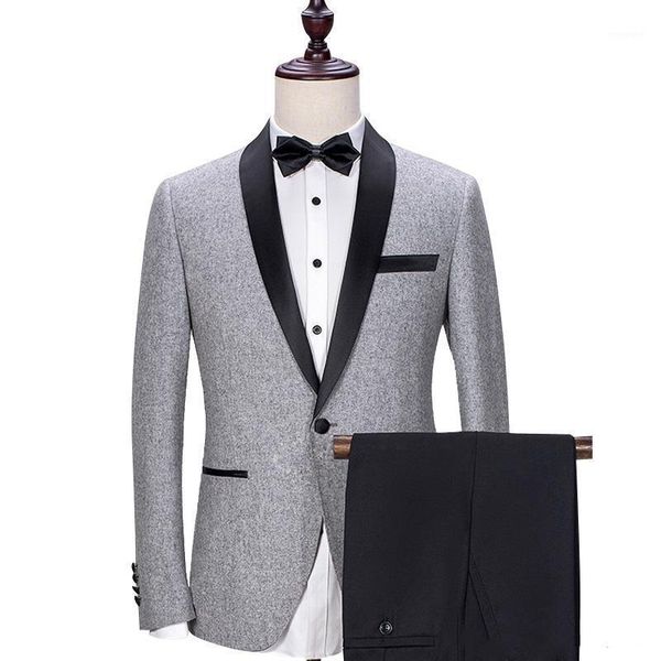 

gray wedding groom tuxedos 2020 black shawl lapel trim fit mens suits custom made business party groomsmen suit (jacket + pants)1, White;black