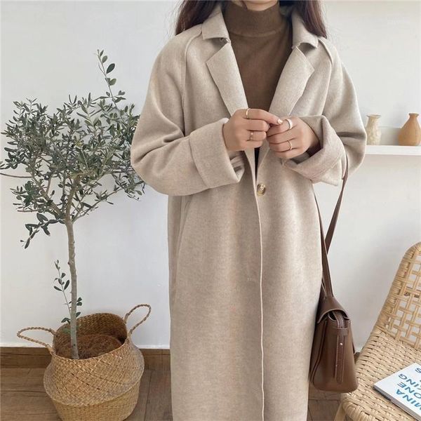 

alien kitty women woolen coat loose long 2021 winter female solid cardigan single-breasted all match noble gentle office lady1, Black
