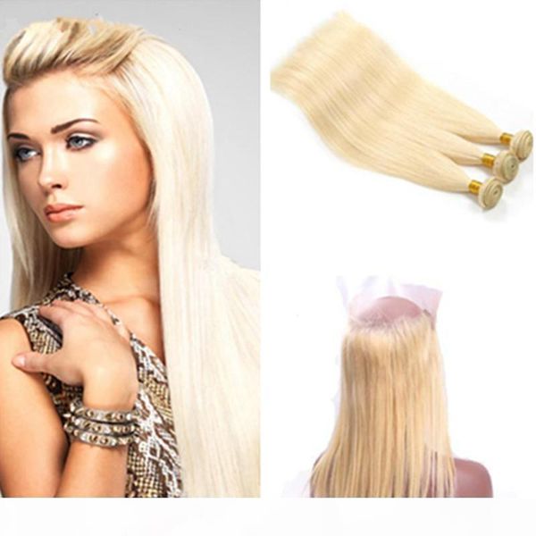 

360 lace frontal blached blonde brazilian virgin hair with straight hair bundles #613 pre plucked 360 lace closure with adjustable strap, Black;brown