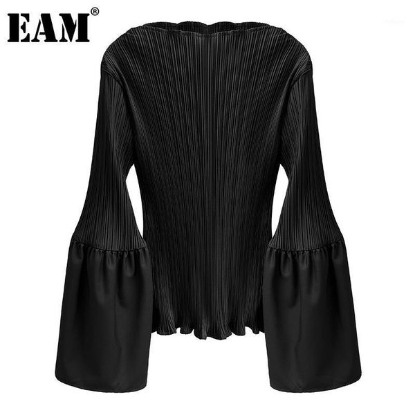 

eam] women black pleated temperament blouse new round neck long flare sleeve loose fit shirt fashion spring autumn 2020 1db8081, White