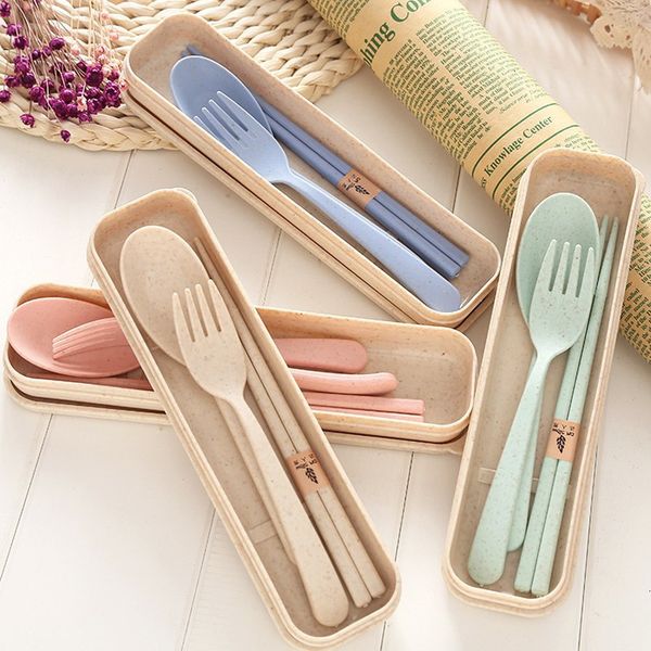 

3pcs/set wheat straw creative tableware travel portable cutlery set gift box students household utensils dinnerware sets