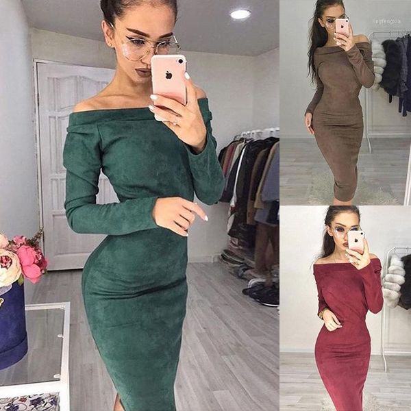 

suede long sleeve off shoulder women mid-calf dress 2020 autumn winter female bodycon new year party dresses1, Black;gray