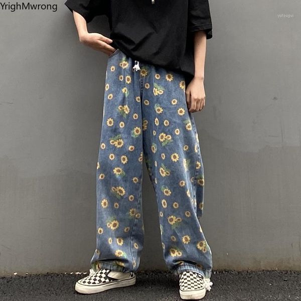 

streetwear woman man loose straight denim pant sunflower floral print baggy harajuku korean tracksuit hip hop fashion harem jean1, Black;white