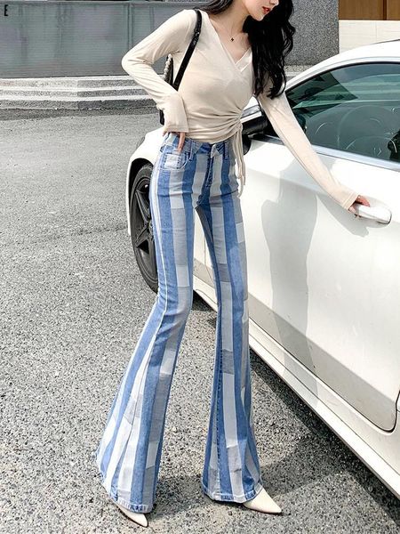 

stitched contrast color personality jeans 2020 spring and autumn new trousers, slim retro drape micro-bell-bottoms.id13701, Blue