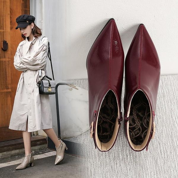 

boots ins women ankle plus size 22-28cm patent leather europe and america microfiber pointed toe women's high heel, Black